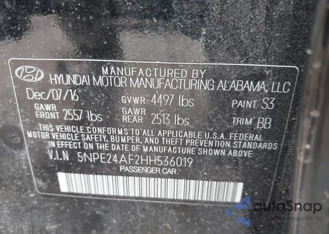 2017 Hyundai Sonata Se из США, поврежденный, VIN 5NPE24AF2HH536019